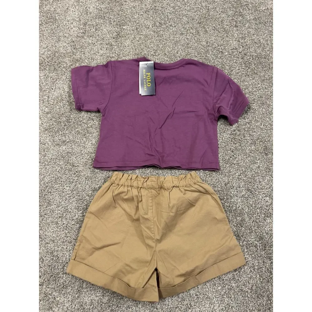 Ralph Lauren Girl's Mauve Tee and Tan Shorts Set